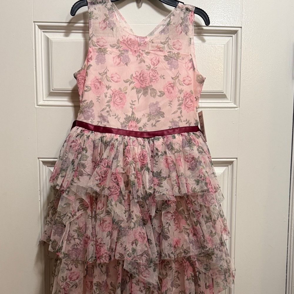 Floral Pink Sleeveless Dress with Ruffle Layers